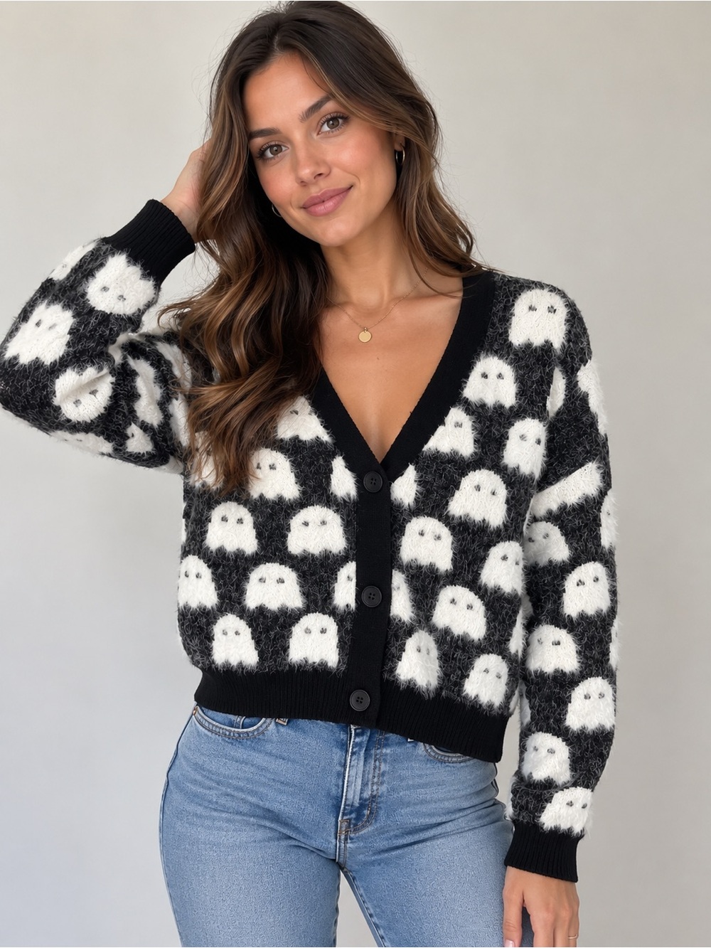 Black & White Ghost Motif V-Neck Cardigan Sweater Women’s Size Small  NWT